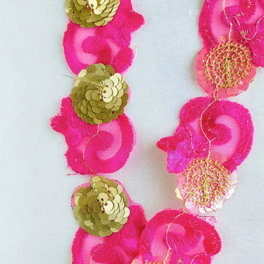 Fuchsia Pink Lace Trim, Tissue Fabric Cutwork With Floral Embroidery & Gold Sequins,
